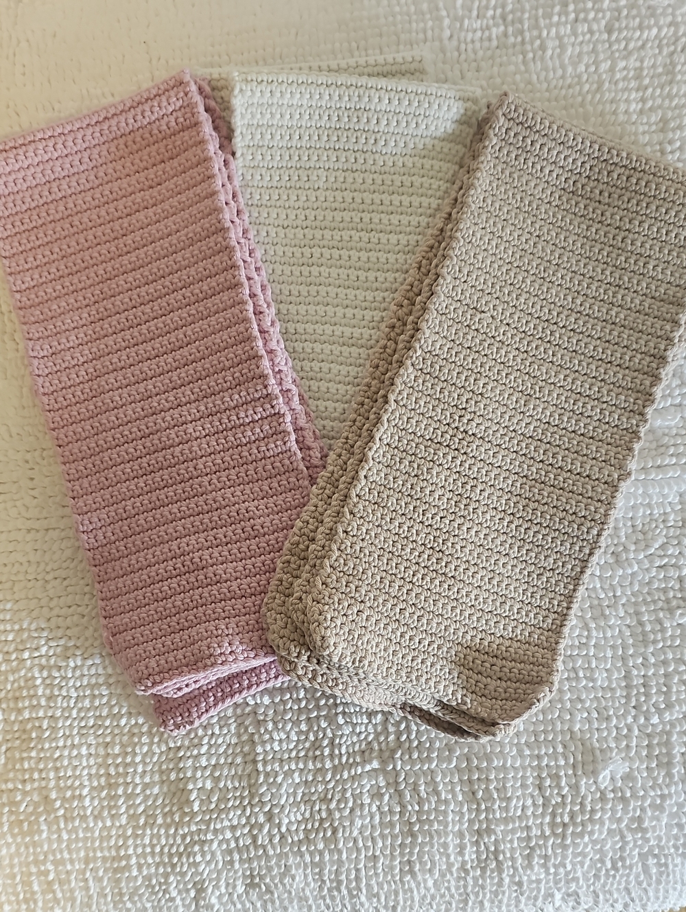 BRAND NEW Set of Handmade Crocheted dishtowels in Pink, Cream, and Coffee.